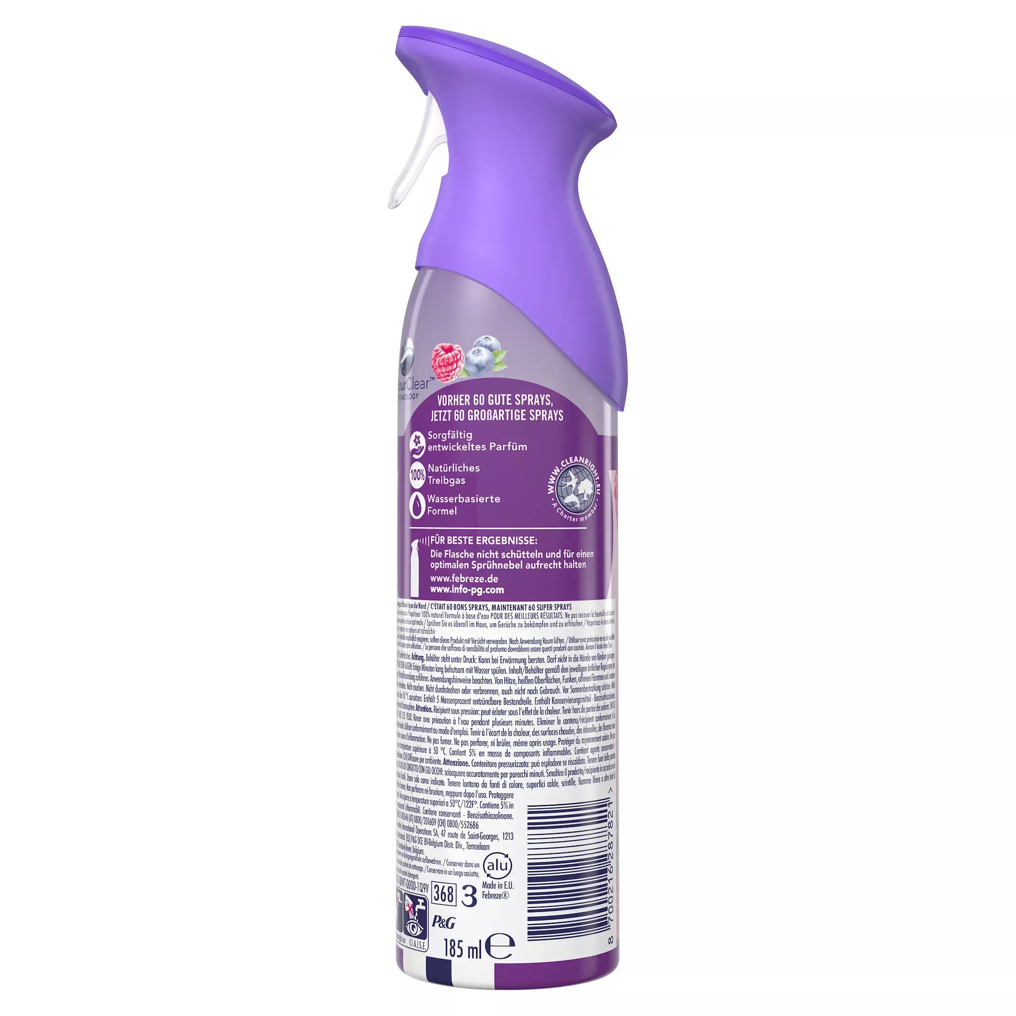 Rückseite einer lila Sprühflasche. Text und Logos. Enthält Informationen über die Inhaltsstoffe und die Marke Febreze.