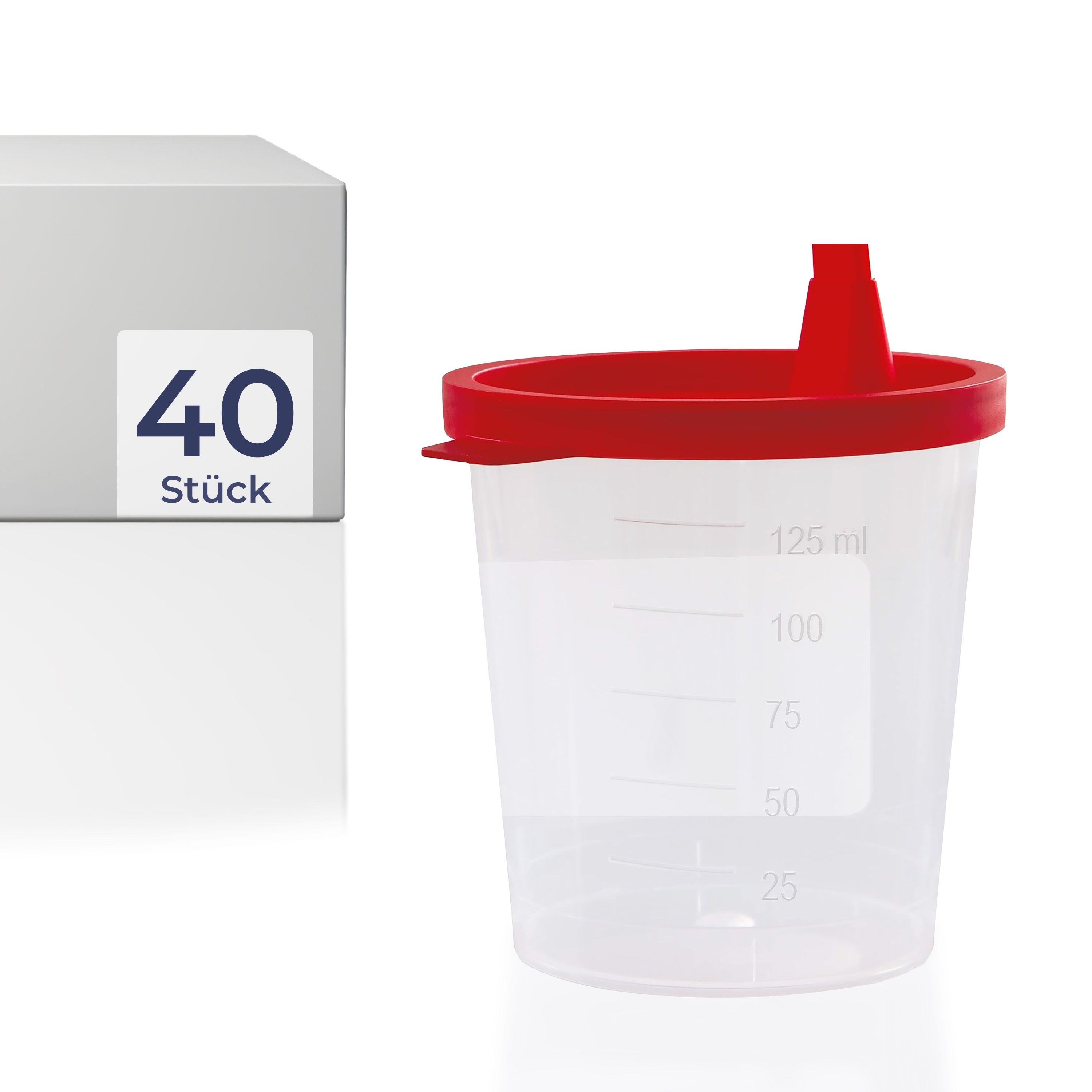 Becher mit rotem Schnappdeckel und Skala. Auf der Verpackung steht "40 Stück".