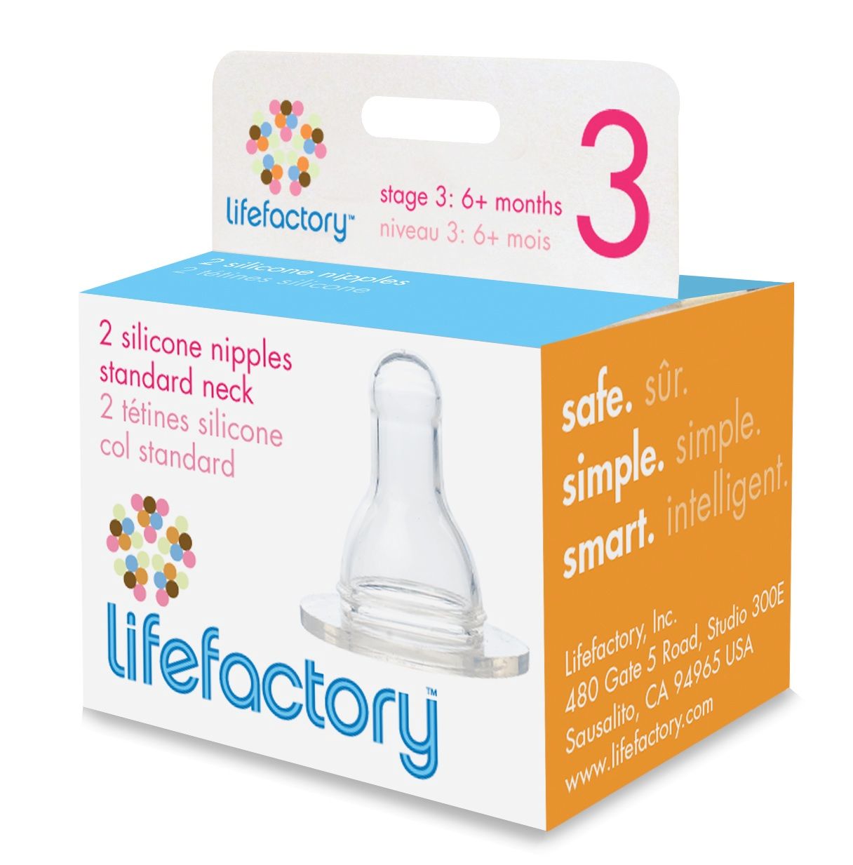 Verpackung mit zwei Silikonsaugern. Marke Lifefactory, Altersempfehlung 6+ Monate. Aufdruck: "safe. sûr. simple. smart. intelligent."