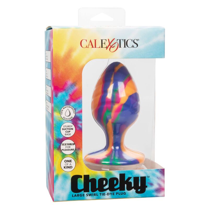 Verpackung mit Analplug. Marke Calexotics. Farben: Pink, Grün, Blau und Orange. Mit Saugnapf.