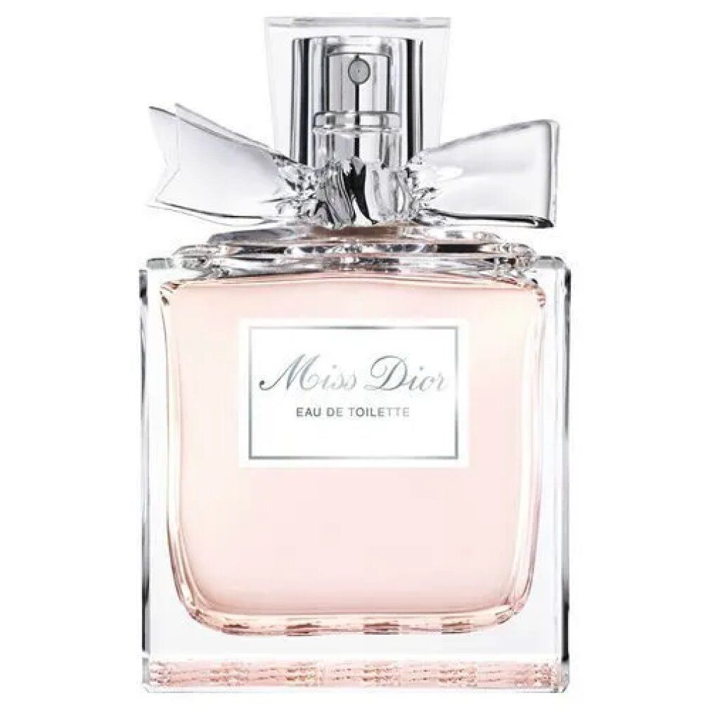 Parfümflasche mit rosa Flüssigkeit, silberner Schleife und Aufschrift Miss Dior Eau de Toilette. Klarer Sprühkopf.