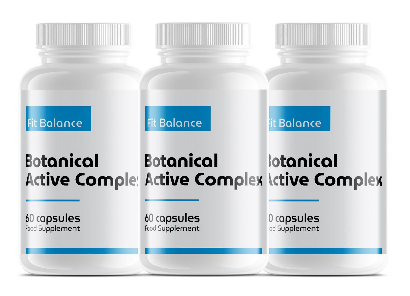 Drei weiße Flaschen mit blauem Etikett. Aufschrift: Fit Balance, Botanical Active Complex, 60 Kapseln. Nahrungsergänzungsmittel.