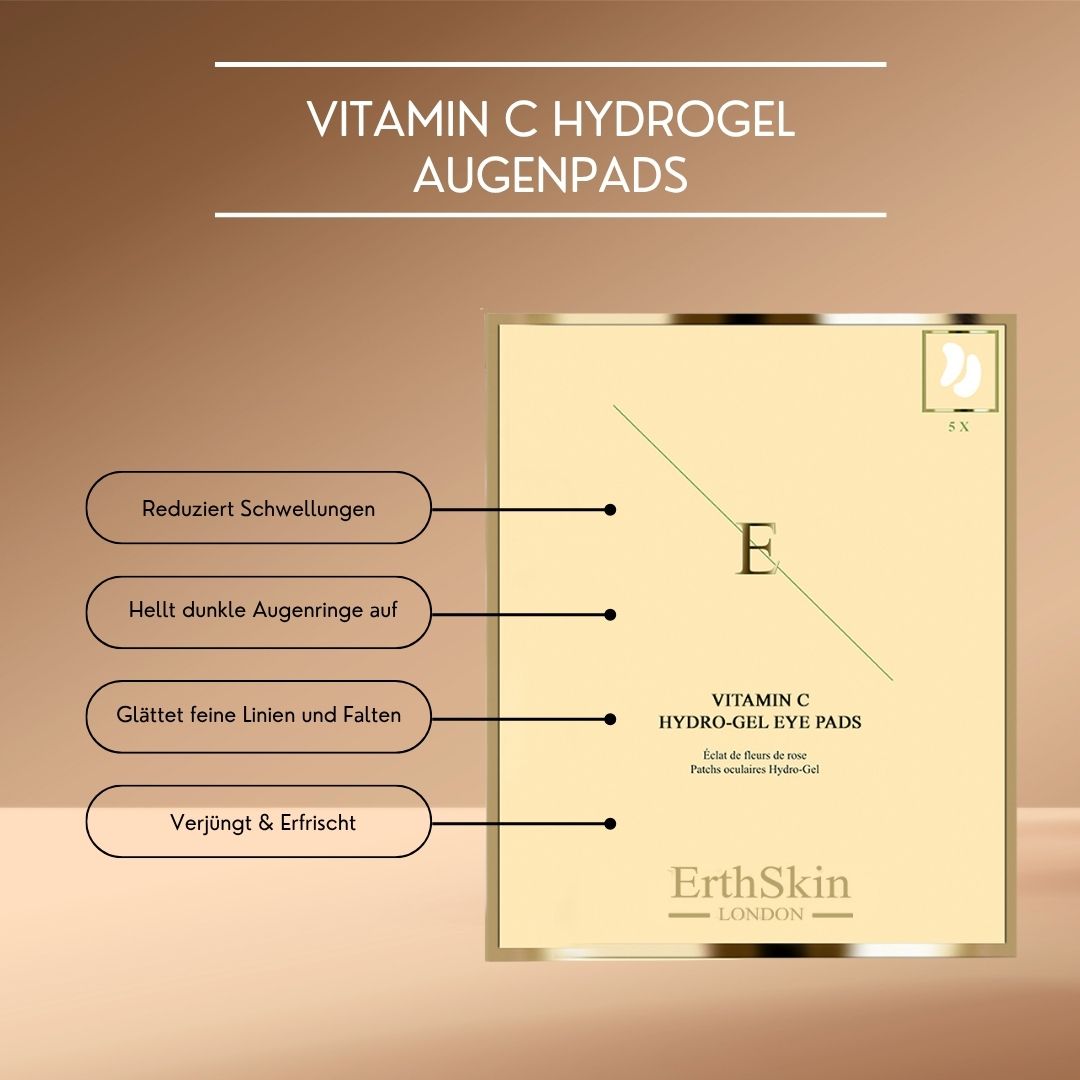 Verpackung mit Augenpads. Aufschrift: Vitamin C Hydro-Gel Eye Pads. Marke: ErthSkin London. Text: Reduziert Schwellungen, hellt dunkle Augenringe auf, glättet feine Linien und Falten, verjüngt & erfrischt.