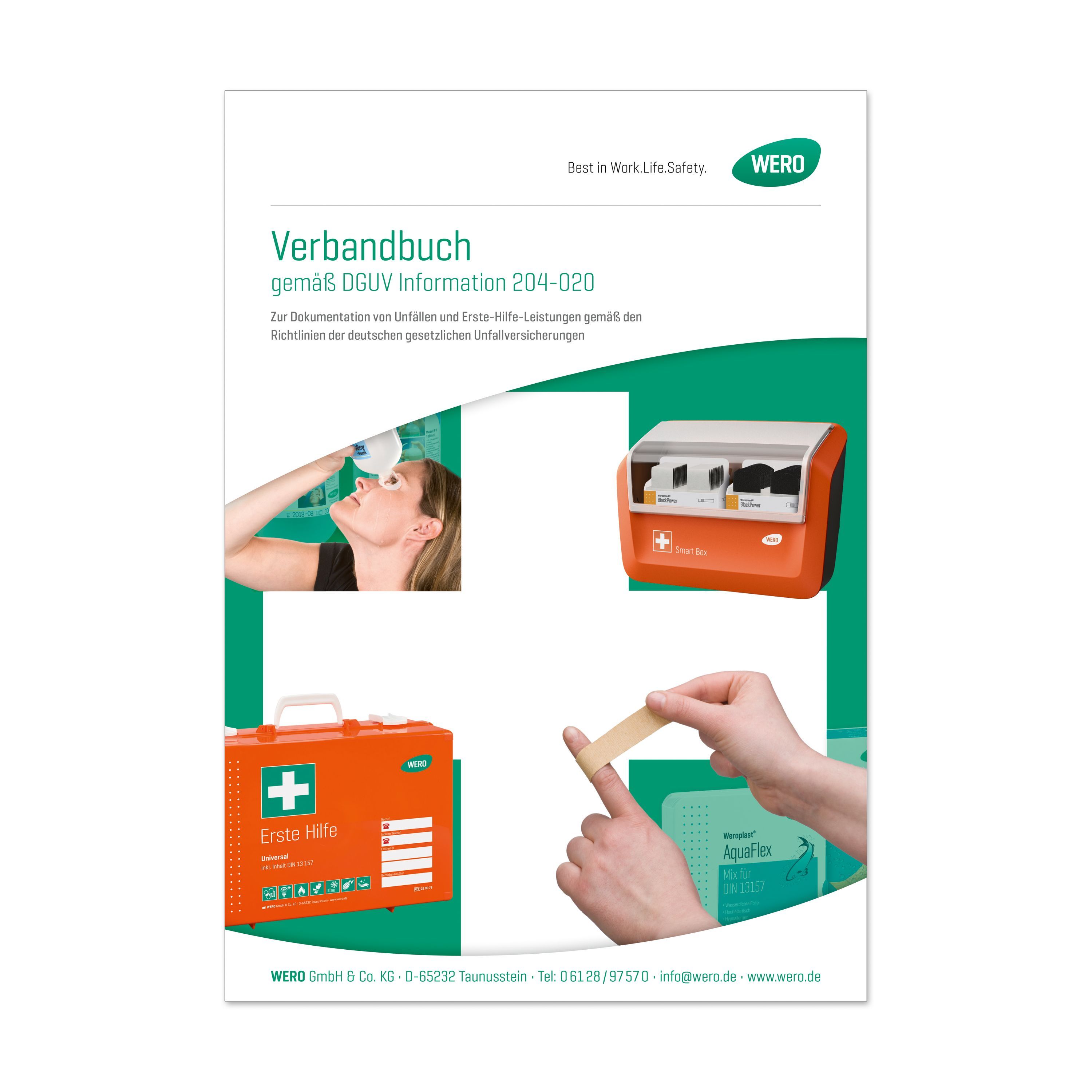 DIN A4 Verbandbuch mit grünen und orangenen Elementen. Abbildungen von Erste-Hilfe-Materialien und -Anwendungen.