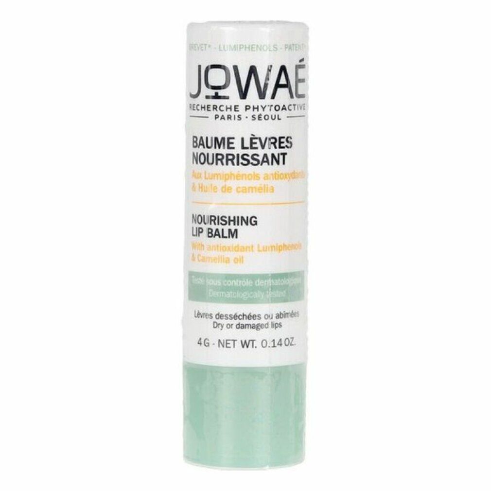 Lippenbalsam-Stift mit weißem Deckel und grünem Unterteil. Produktname und Inhaltsstoffe sind aufgedruckt.