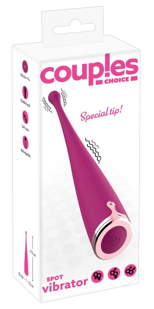 Verpackung mit Spot Vibrator. Rosa Vibrator mit abgerundeter Spitze, in weißer Schachtel mit Produktnamen und Illustrationen.