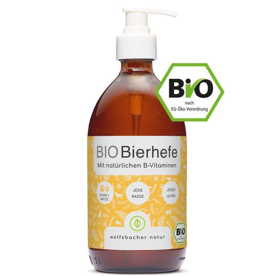 Braune Flasche Bio Bierhefe mit Pumpe. Text: Bio Bierhefe, Mit natürlichen B-Vitaminen. Bio-Siegel.