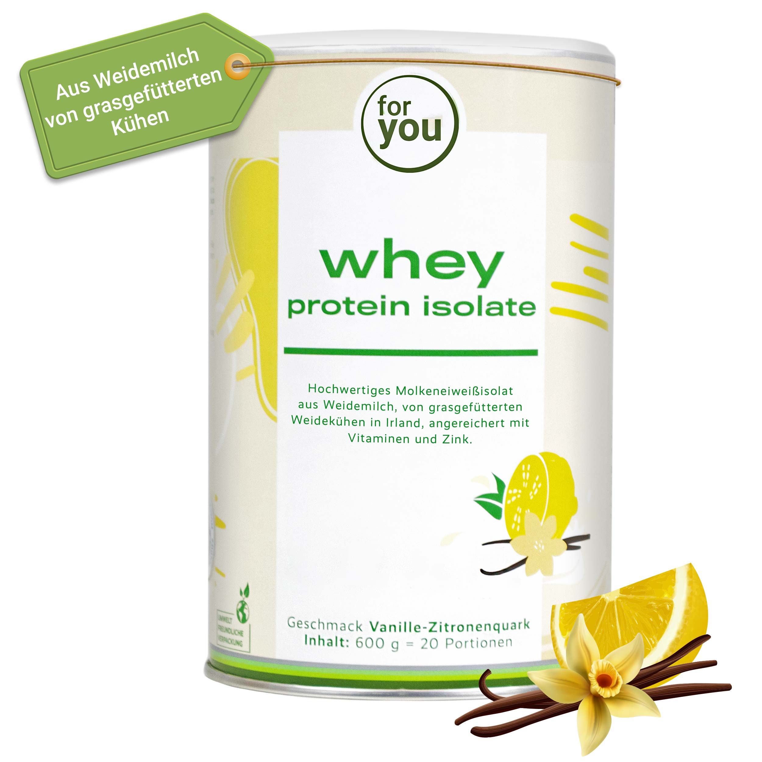 Dose "for you" Whey Protein Isolate, Vanille-Zitronenquark. Hochwertiges Molkenproteinisolat. Mit Vitaminen und Zink. 600g.