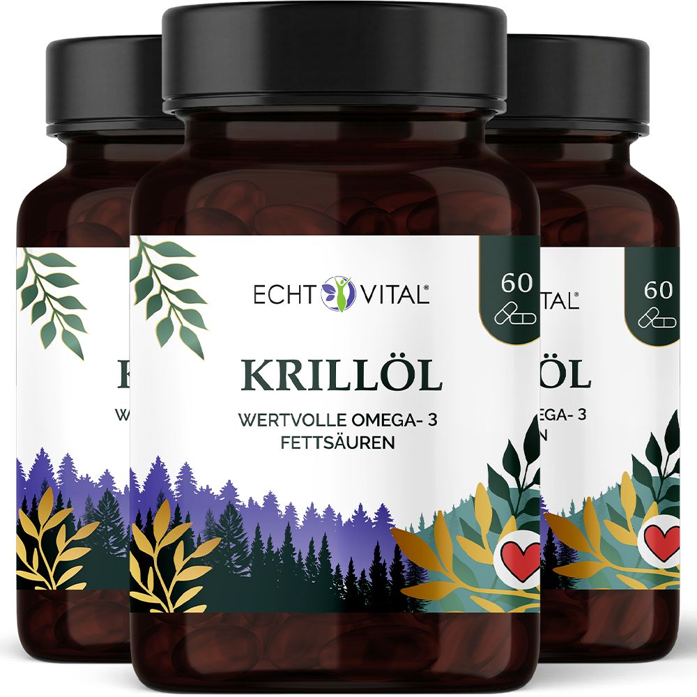 Drei Flaschen Echt Vital Krillöl mit Omega-3 Fettsäuren. Dunkle Glasflaschen mit schwarzen Deckeln und Etiketten.