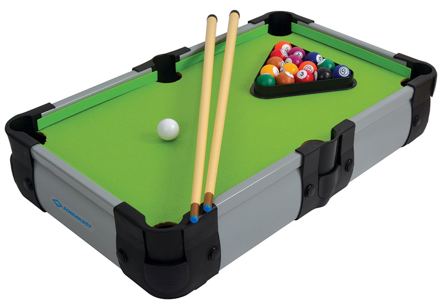 Mini-Billardtisch mit grüner Spielfläche, grauen Rahmen und schwarzen Ecken. Inklusive Kugeln, Dreieck und zwei Queues.