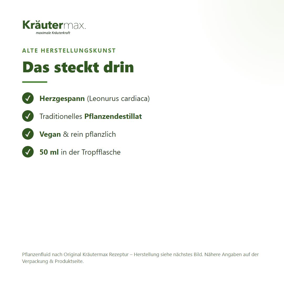 Anwendungshinweise für Kräutermax Pflanzenfluid Herzgespann mit Tropfenangabe.