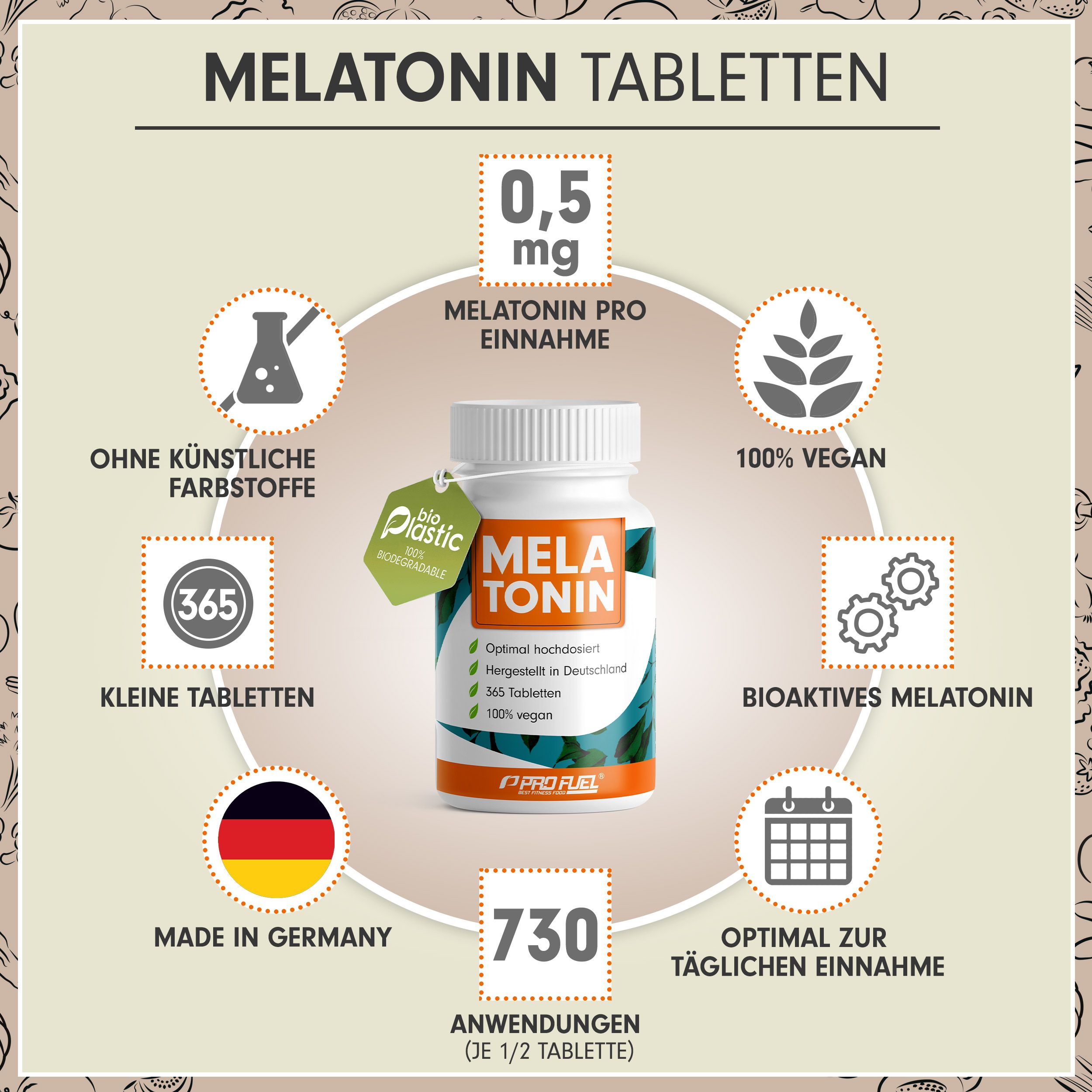 ProFuel - MELATONIN Tabletten - optimal hochdosiert mit 0,5 mg bioaktivem Melatonin pro Tag