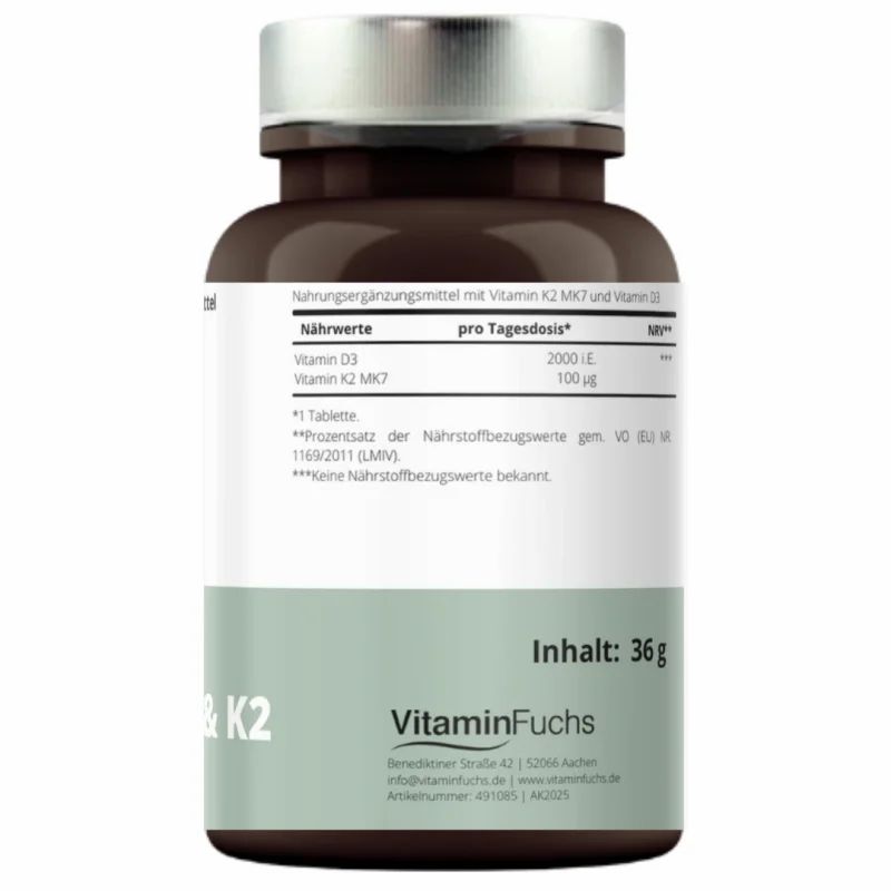 Braune Flasche mit weißem Etikett. Aufschrift: Vitamin D3 & K2. Inhalt: 36g. Logo: Vitamin Fuchs. Nährwertangaben.