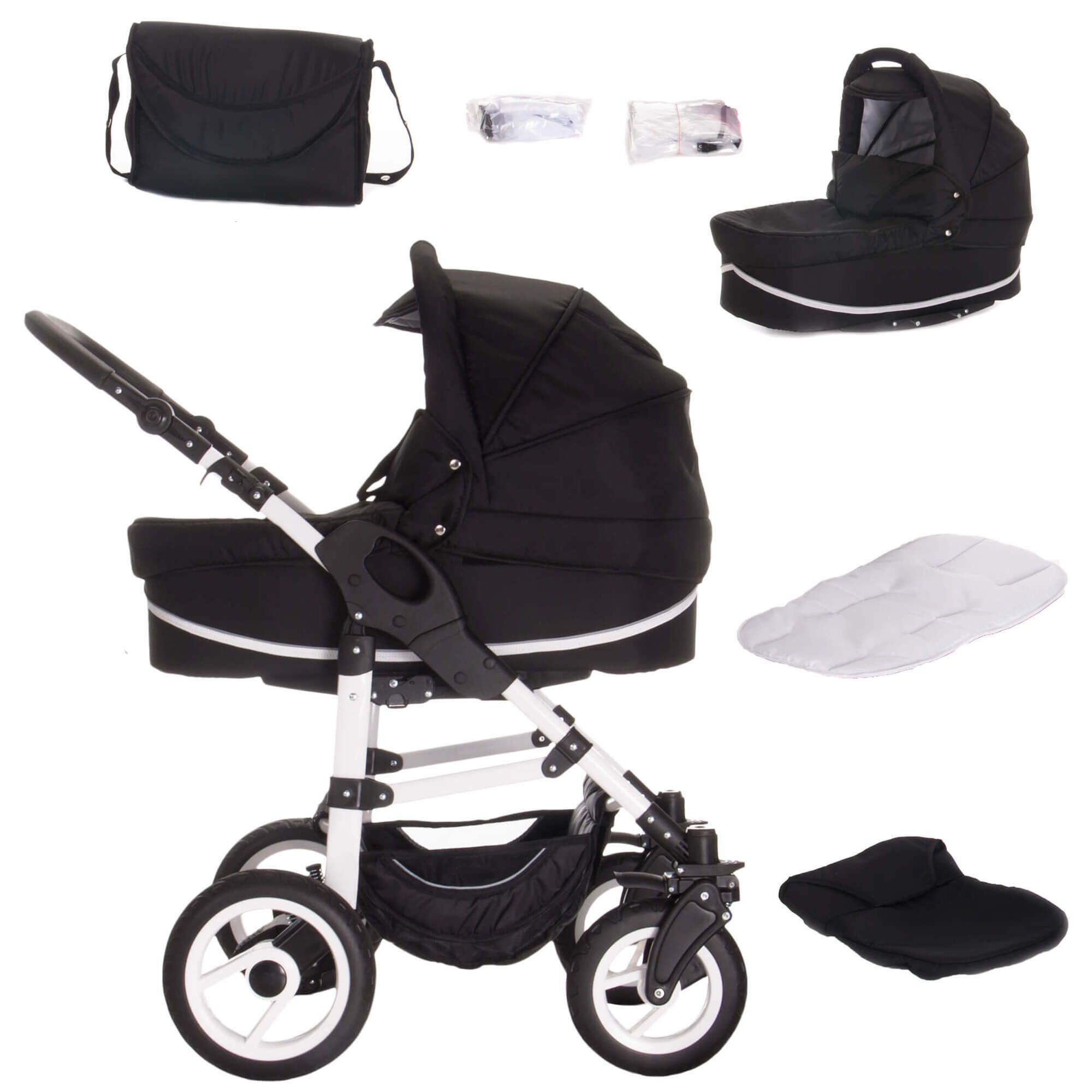 Kinderwagen-Set. Schwarz mit weißen Akzenten. Enthält Babywanne, Sportsitz, Wickeltasche und Zubehör.