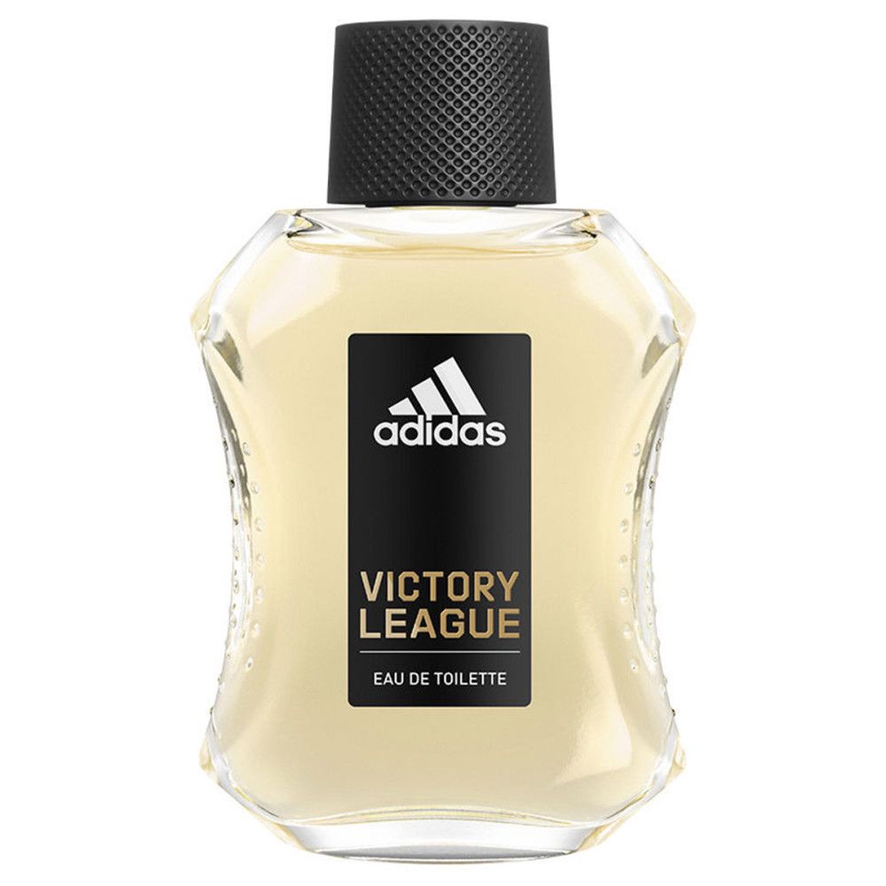 Adidas Victory League Flakon. Klarer Flakon mit schwarzem Verschluss. Schwarzes Etikett mit weißem Logo und Text.