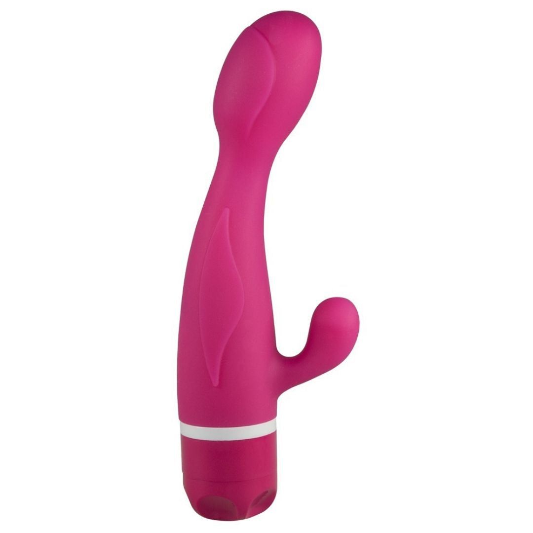 Pinkfarbener Vibrator mit geschwungenem Design. Mit einem blattförmigen Kopf und einem gebogenen Schaft.