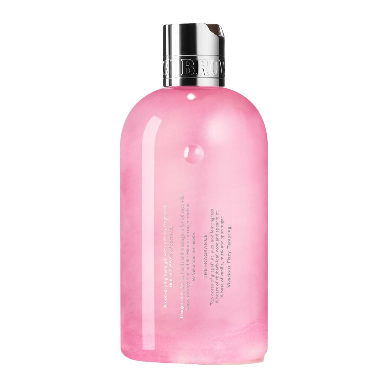 Rosa Hand Sanitiser Gel Flasche. Silberner Deckel. Text auf der Rückseite. Produktbeschreibung und Inhaltsstoffe.