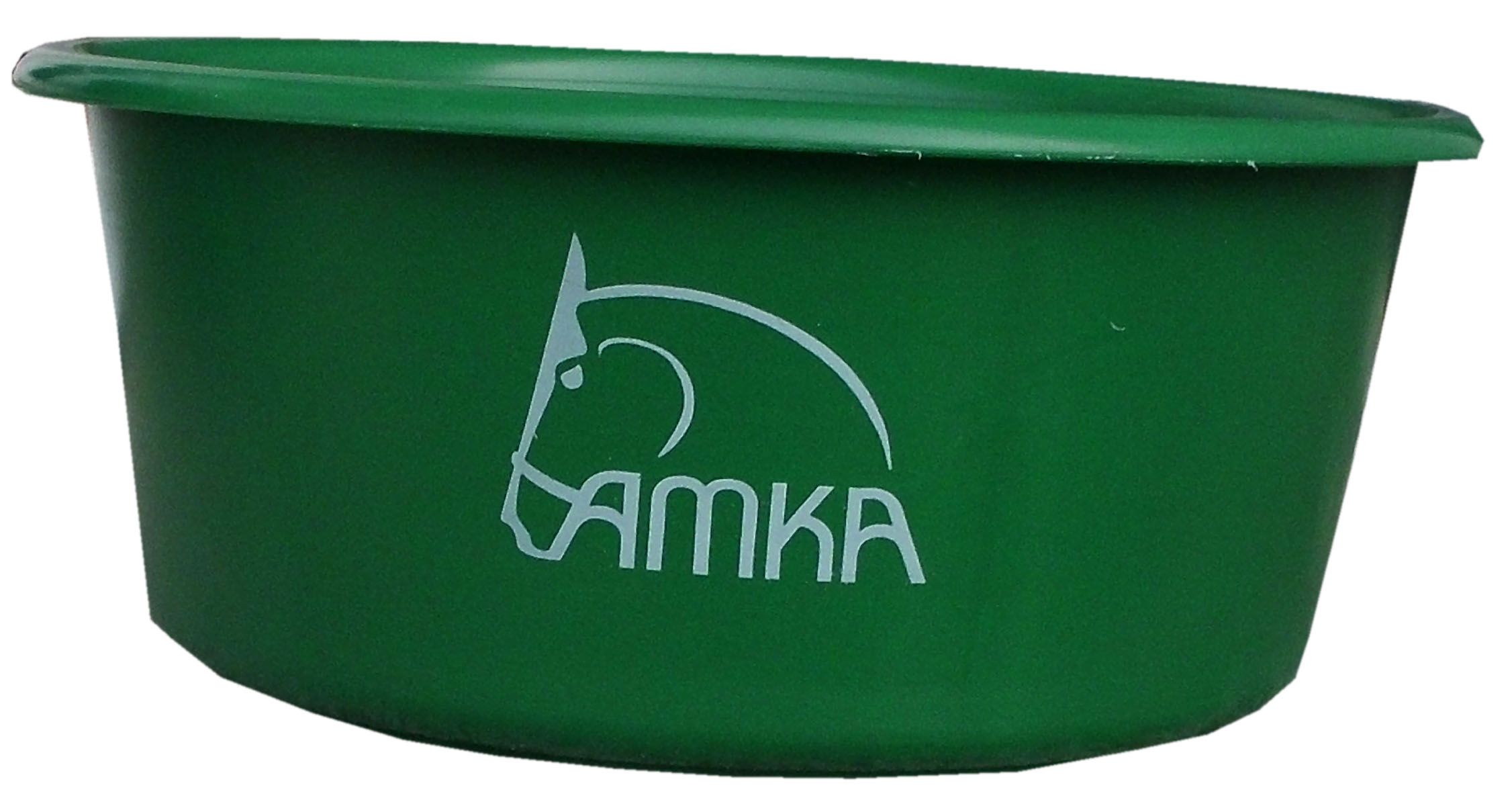 Grüne Futterschale ohne Deckel mit AMKA-Logo. Runde Form, erhöhter Rand.