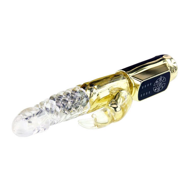 Goldfarbener Vibrator mit transparentem Kopf und Hasenohren. Bedienfeld mit Knöpfen. Liegende Position.