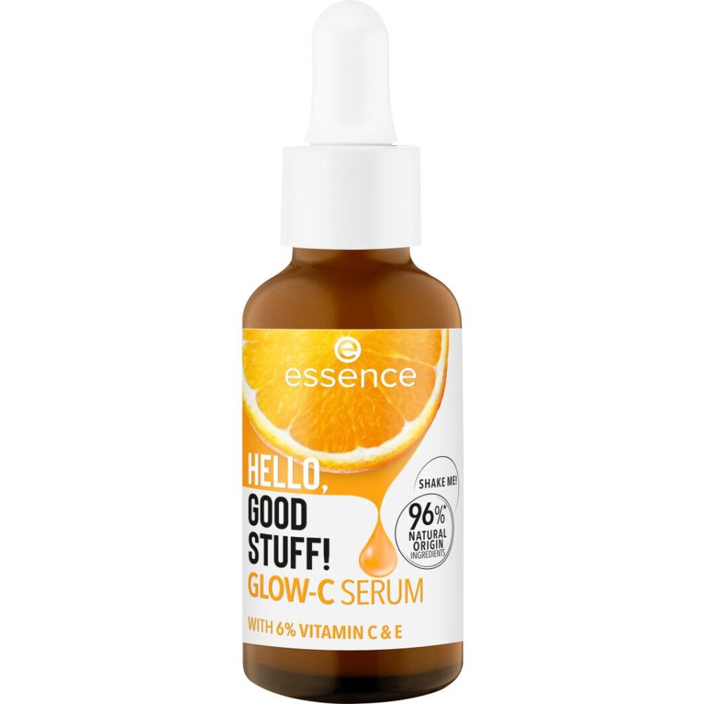 Braune Glasflasche mit Pipette. Aufkleber mit Text: HELLO, GOOD STUFF! GLOW-C SERUM. Mit 6% Vitamin C & E. 96% natürlichen Ursprungs.