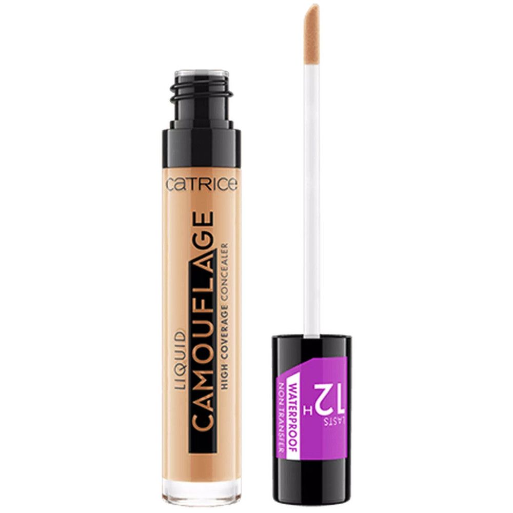 Catrice Flüssiger High-Coverage Concealer Camouflage. Tube mit Applikator. Aufschrift: Camouflage, Waterproof, 12H. Deckel mit Applikator daneben.