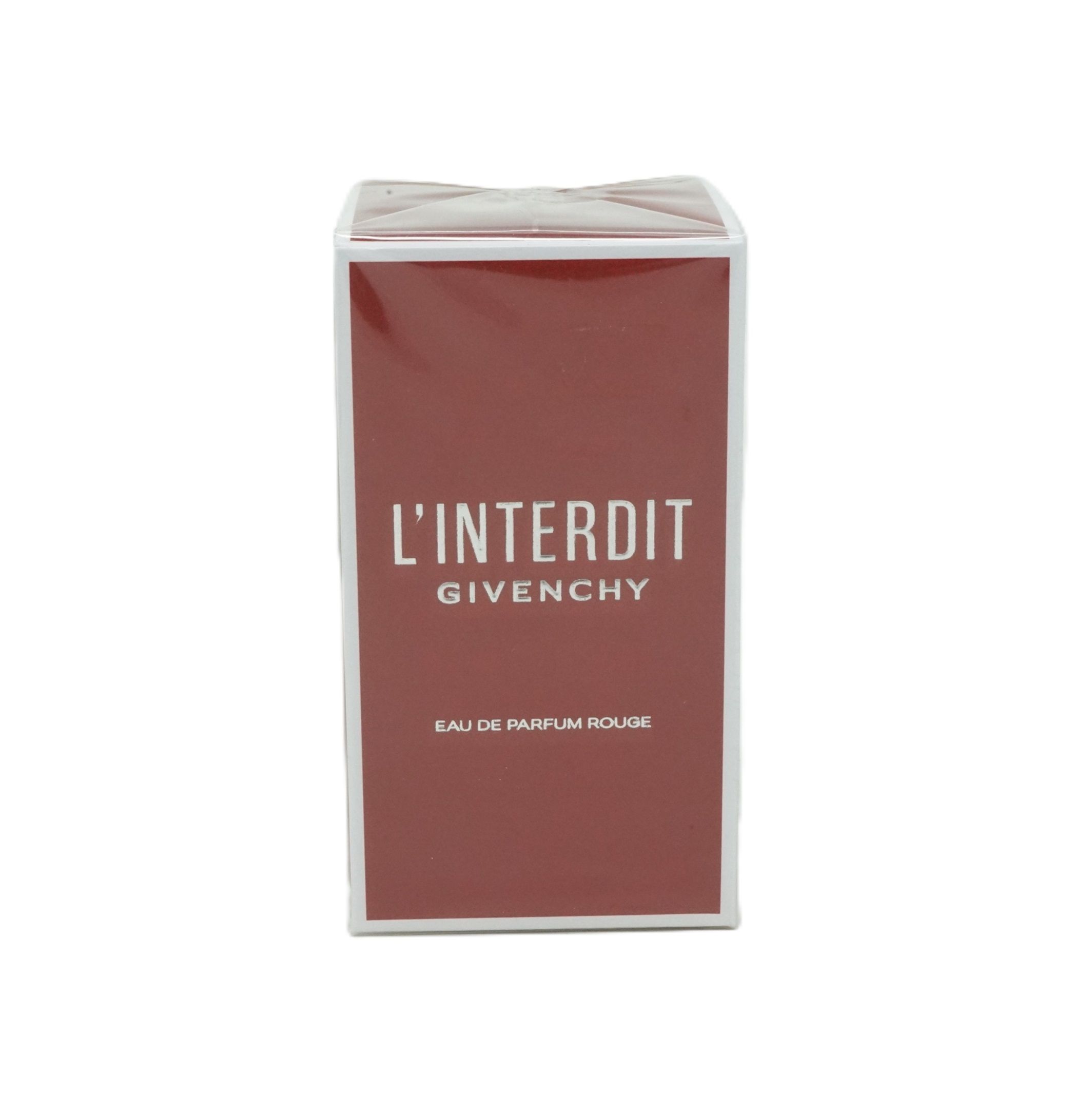 Rote Verpackung mit weißem Text: L'Interdit Givenchy Eau de Parfum Rouge. In Folie verpackt.