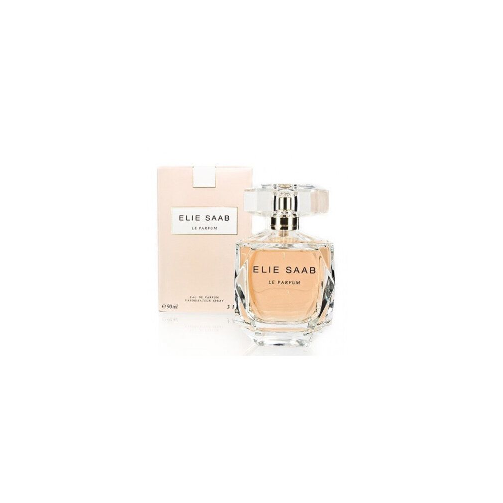 Elie Saab Le Parfum Flakon und Verpackung. Flakon und Verpackung in Creme-Tönen. Aufschrift: ELIE SAAB, LE PARFUM.