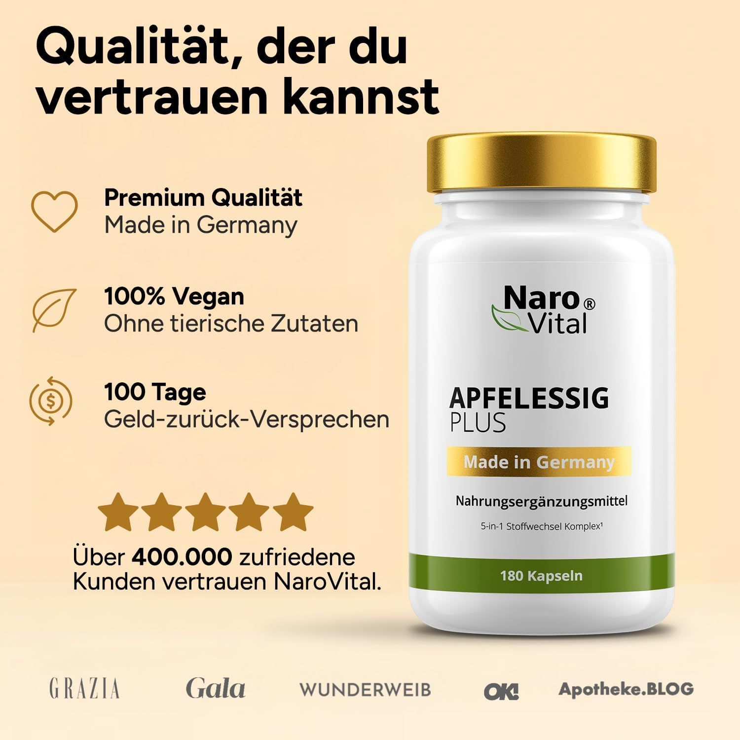 Weiße Flasche mit goldfarbenem Deckel. Text: Premium Qualität, 100% Vegan, 100 Tage Geld-zurück-Versprechen. Über 400.000 zufriedene Kunden vertrauen NaroVital.