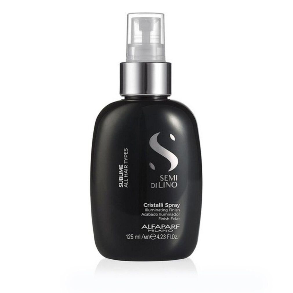 Schwarze Sprühflasche mit silbernem Verschluss. Enthält Semi di Lino Cristalli Spray.
