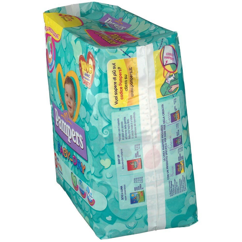 Confezione di pannolini Pampers Baby-Dry Midi, vista obliqua dall'alto. Nome del prodotto e illustrazione del bambino sulla confezione. Dettagli taglia e quantità.
