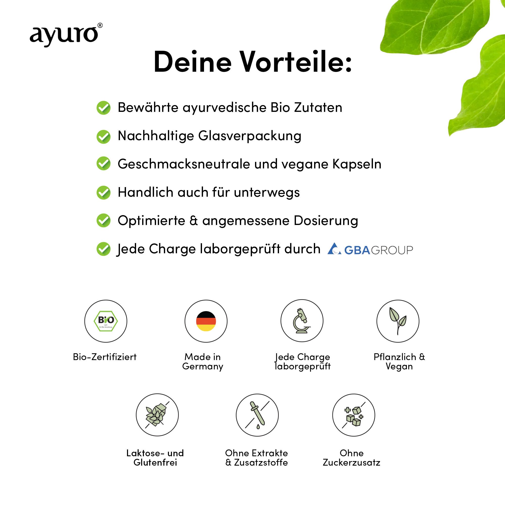 Infografik mit Vorteilen: Bio-Zutaten, Glasverpackung, vegane Kapseln, handlich, optimierte Dosierung, laborgeprüft.