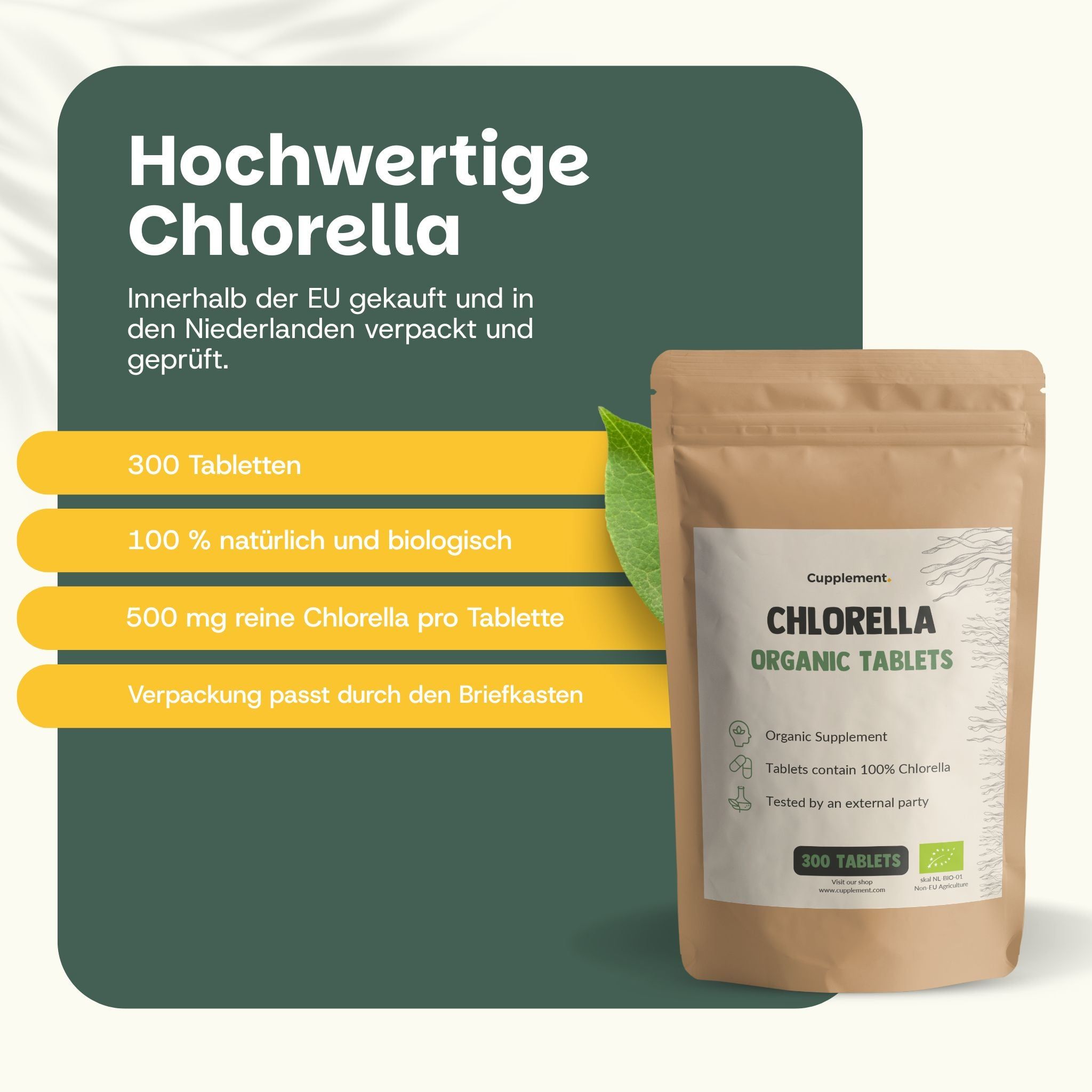 Beutel mit Chlorella Organic Tablets. Text: Hochwertige Chlorella, 300 Tabletten, 100% natürlich und biologisch, 500 mg.