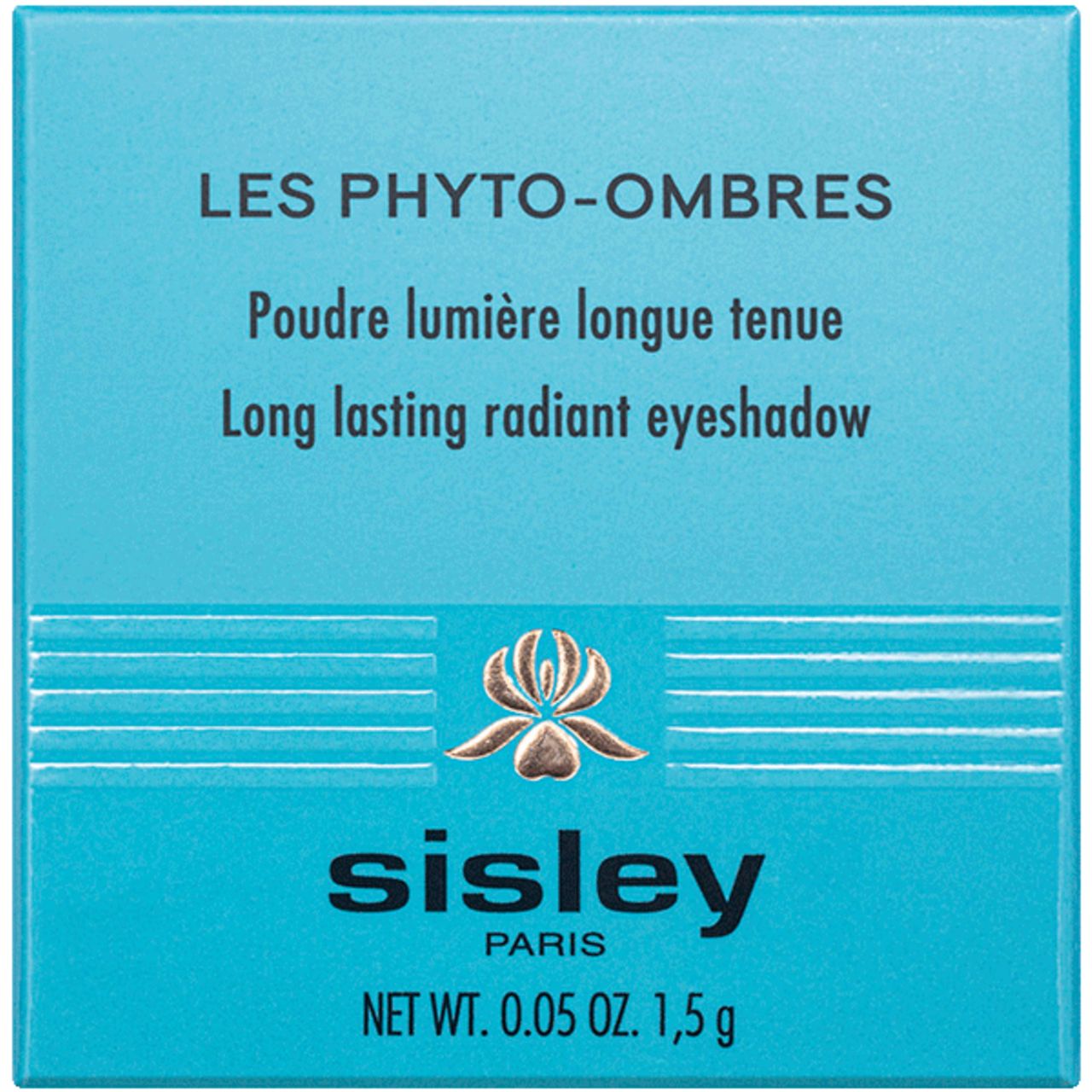 Quadratische, hellblaue Schachtel mit Produktnamen und Marke Sisley. Text: Les Phyto-Ombres, 1,5 g.