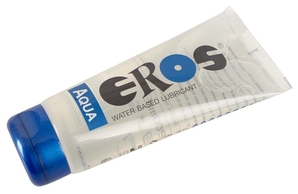 Rückseite der EROS Aqua Gleitmittel-Tube mit Produktinformationen und Herstellungsort.