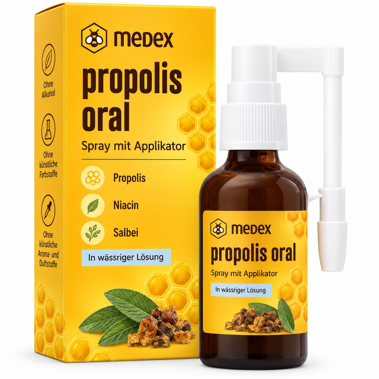 Medex Propolis Oral Sprayflasche und Karton, wasserbasiert, ohne Alkohol.