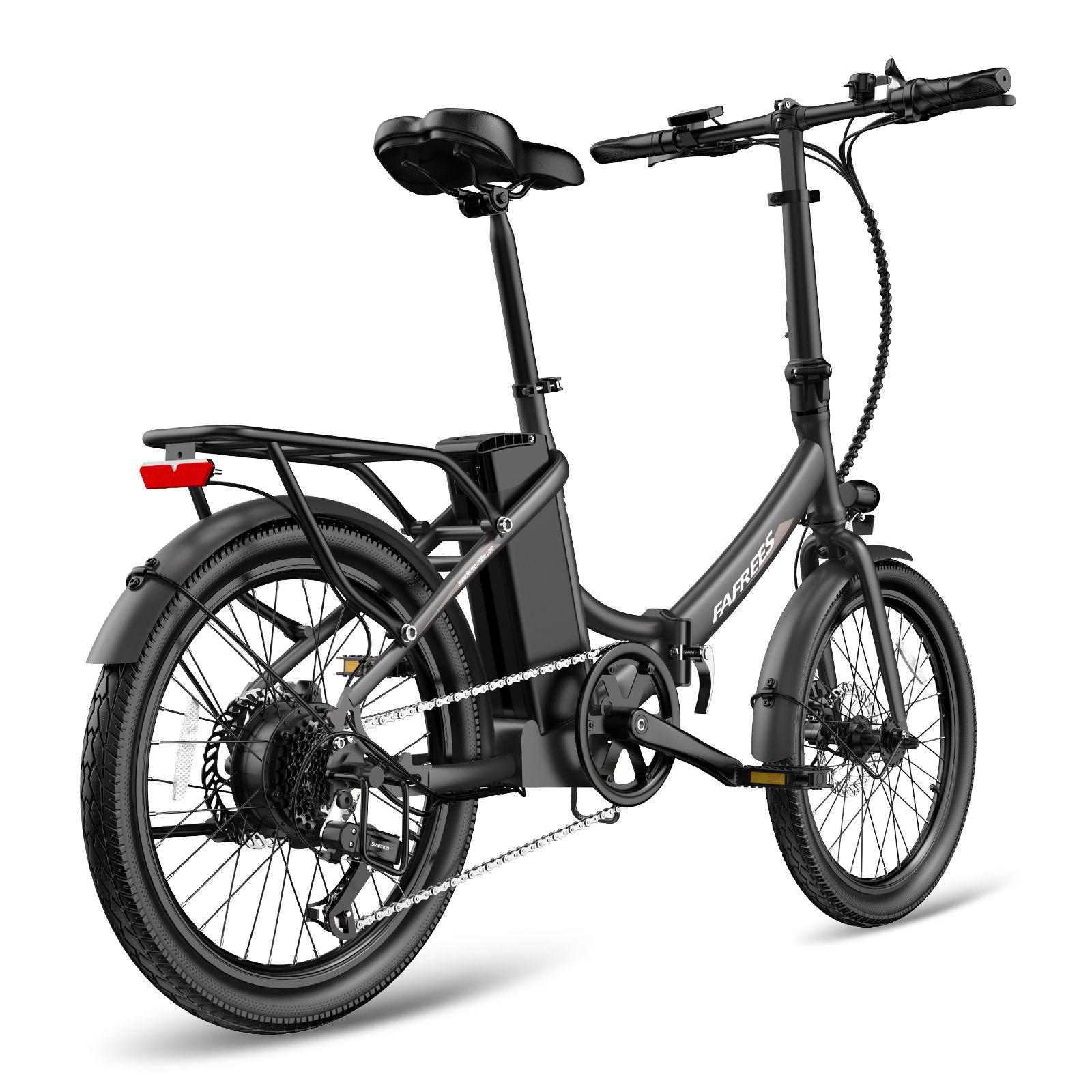 Schwarzes E-Bike mit Rücklicht und Gepäckträger. Marke Fafrees.