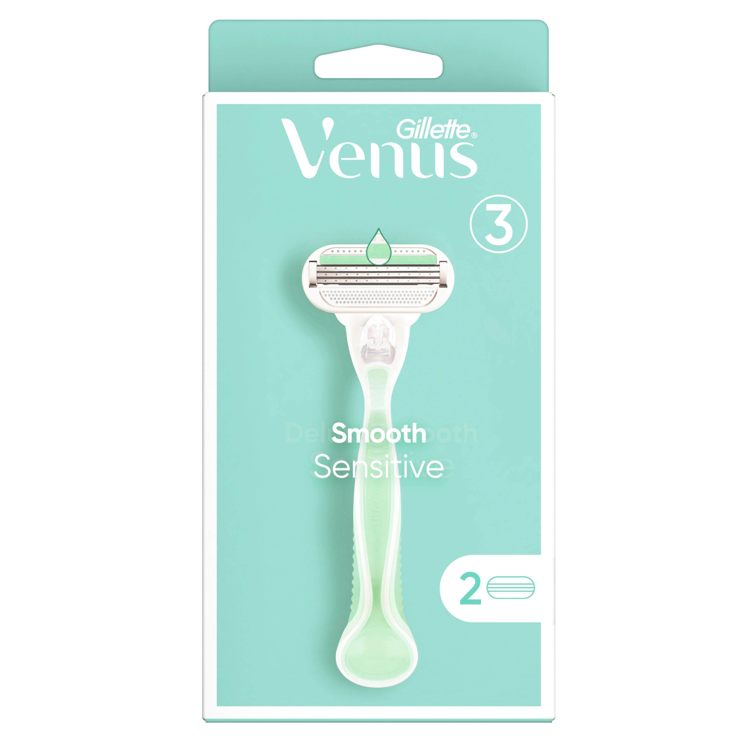 Rasierapparat Gillette Venus Smooth Sensitive mit 2 Ersatzklingen. Grün-weißer Griff, Rasierkopf mit 3 Klingen. Verpackung mit Produktnamen.