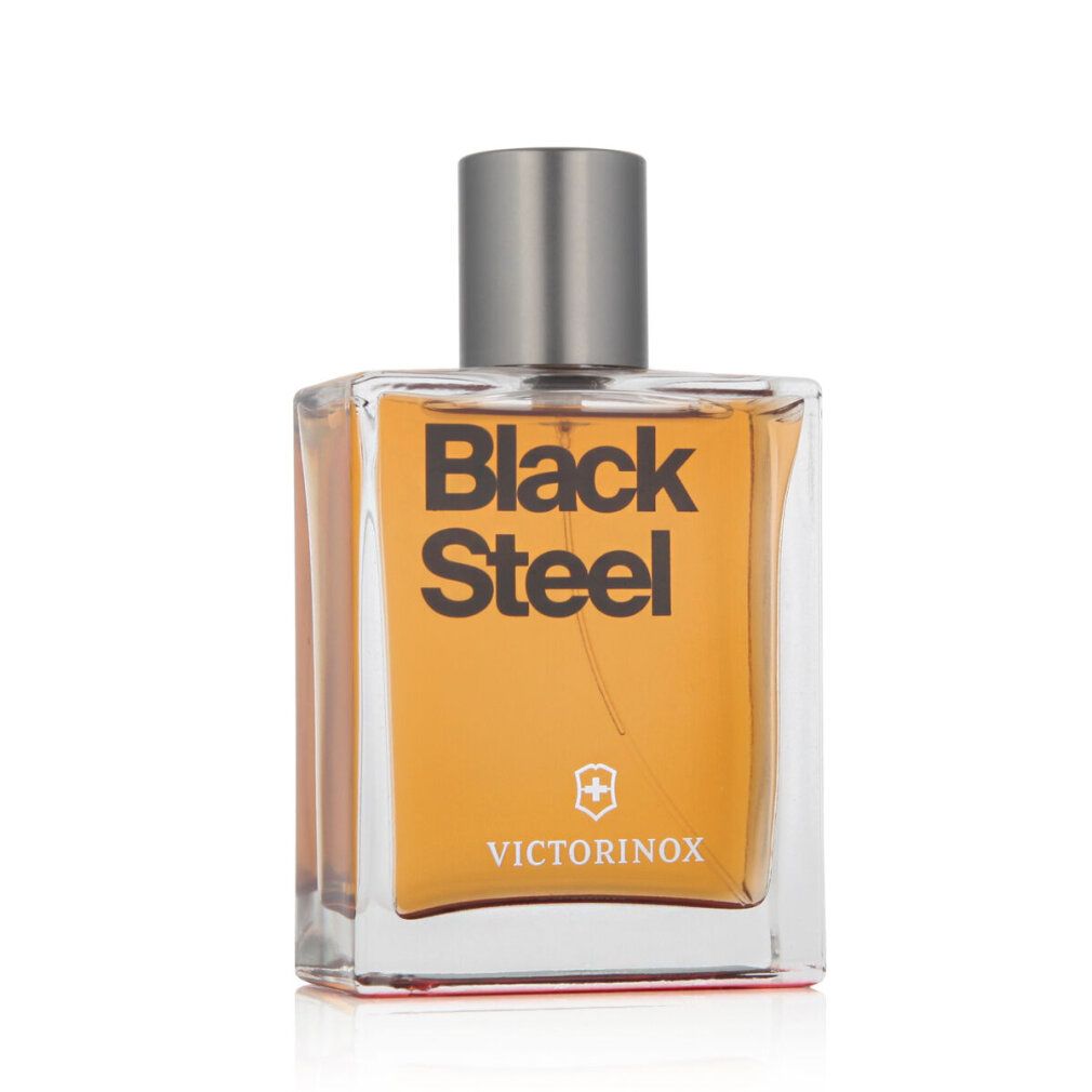 Parfümflasche mit silbernem Deckel, gelber Flüssigkeit. Text: Black Steel, Logo und Victorinox. Quadratische Form.