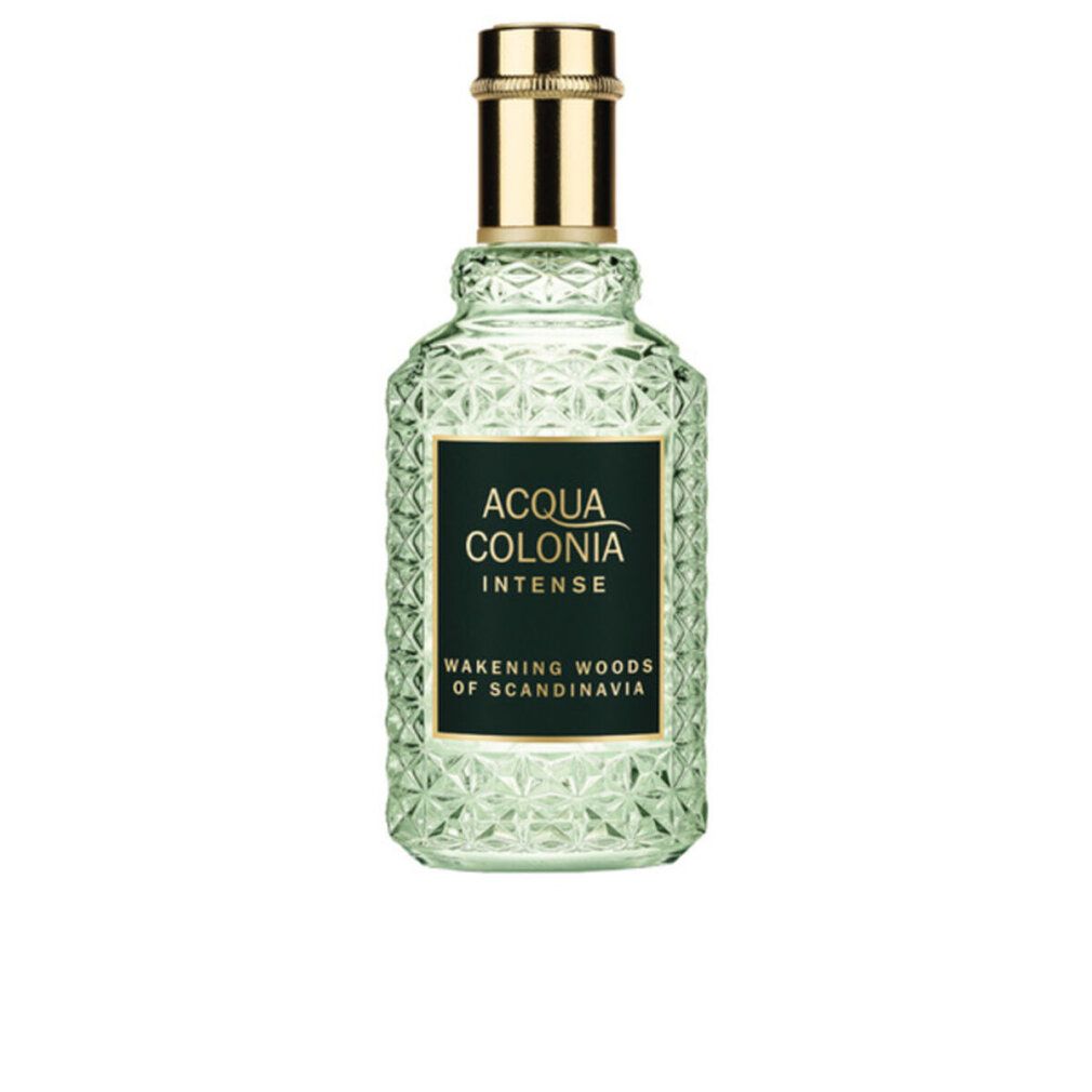 Grüne Glasflasche mit goldfarbenem Verschluss. Schwarzes Etikett mit weißer Schrift: Acqua Colonia Intense, Wakening Woods of Scandinavia.