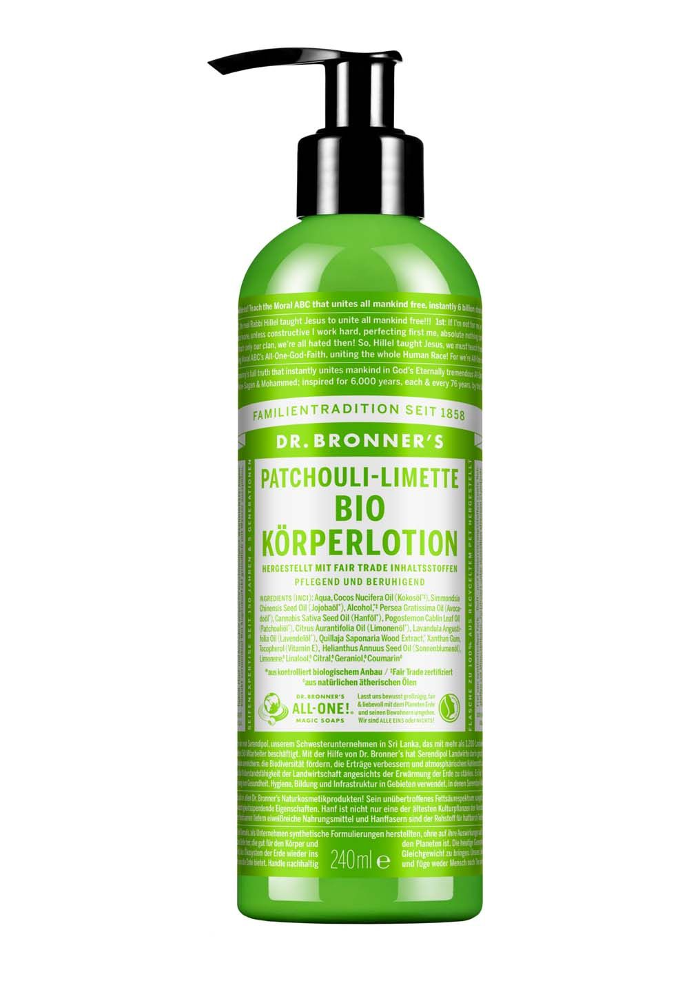 Grüne Flasche mit schwarzem Pumpkopf. Beschriftung: Dr. Bronner's Bio Körperlotion Patchouli-Limette. Etikett mit Text.