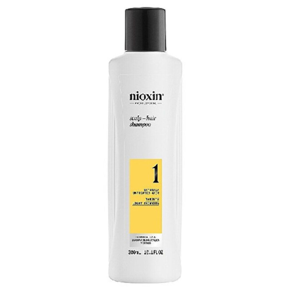 Weißes Shampoo mit schwarzem Deckel. Aufschrift: Nioxin, Scalp + Hair Shampoo, 1. Gelbes Etikett mit Text. 300ml/10.1 fl.oz.