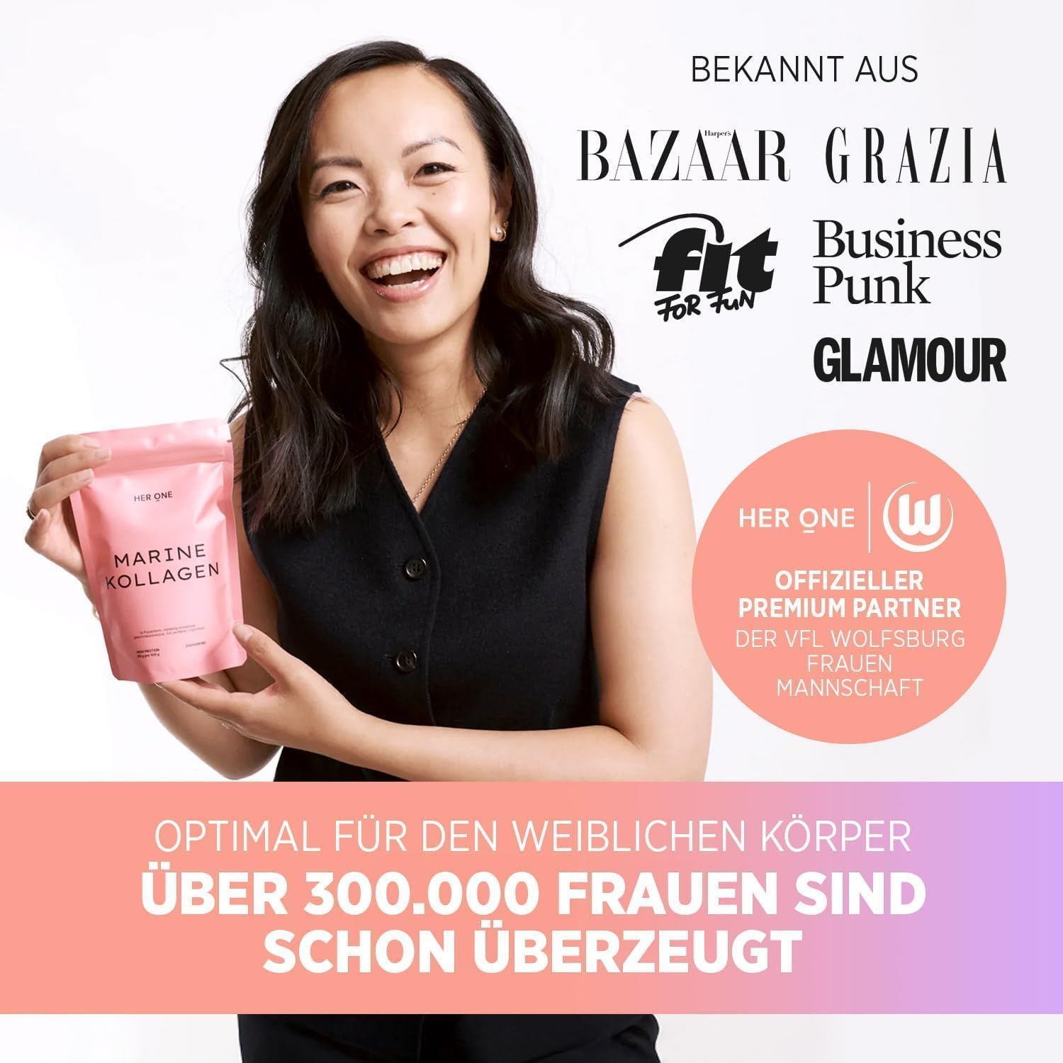 Frau hält rosa Beutel HER ONE Marine Kollagen. Logos: BAZAAR, GRAZIA, Fit For Fun, Business Punk, GLAMOUR. Offizieller Premium Partner.