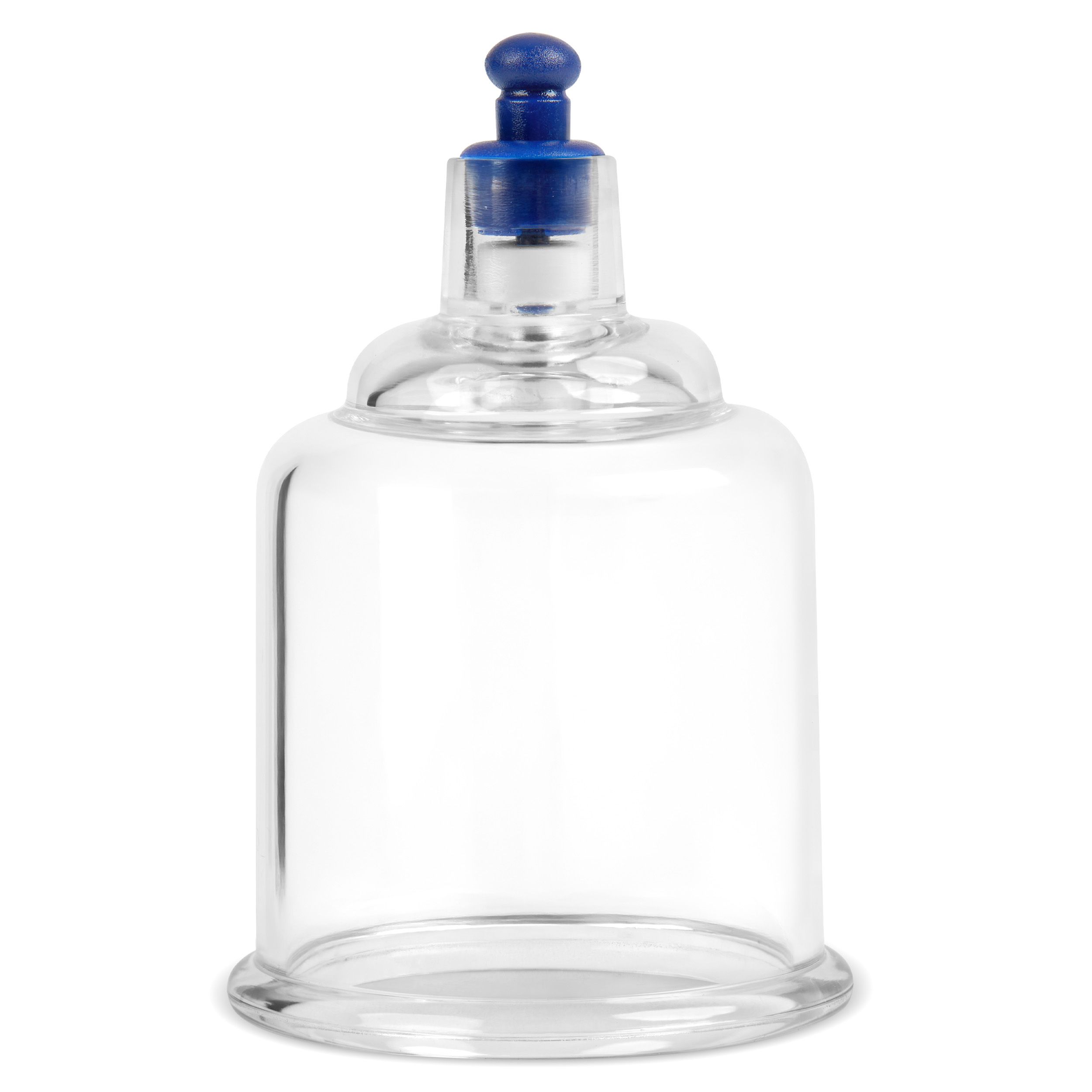 Klarer Schröpfglas-Ersatz aus Kunststoff mit blauem Ventil. Zylindrische Form mit abgerundeter Basis und oberem Rand.