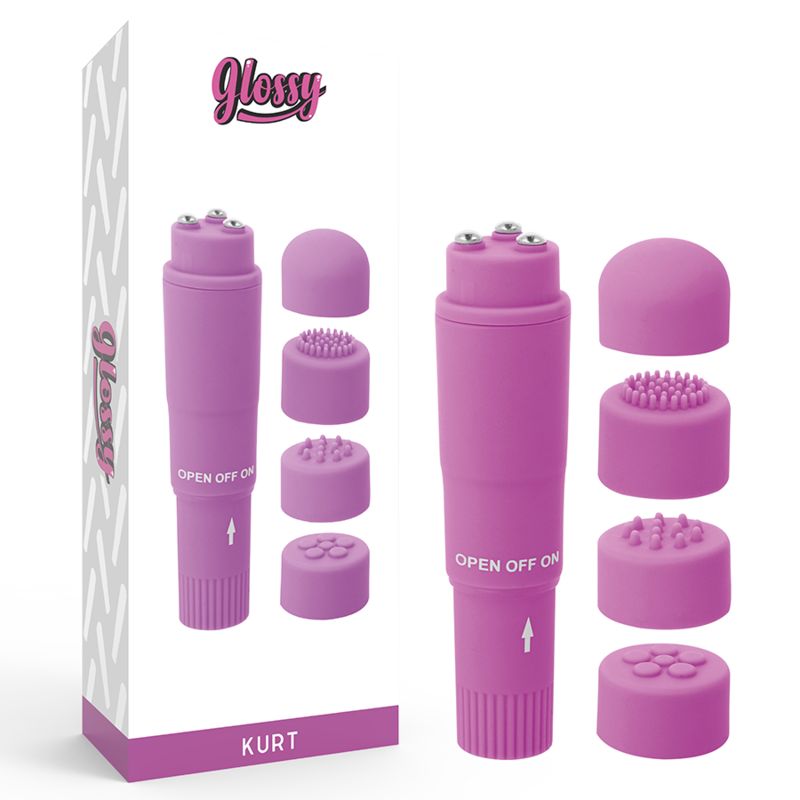 Verpackung mit zwei lila Mini-Massagevibratoren und jeweils vier Aufsätzen. Aufschrift "GLOSSY" und "KURT".