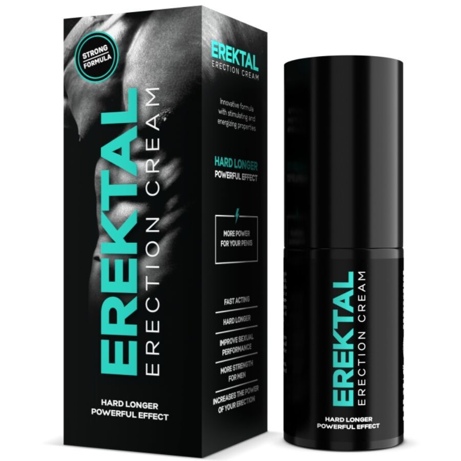 Schwarze Tube und Schachtel mit Produktaufschrift "EREKTAL ERECTION CREAM". Auf der Schachtel: "HARD LONGER POWERFUL EFFECT".