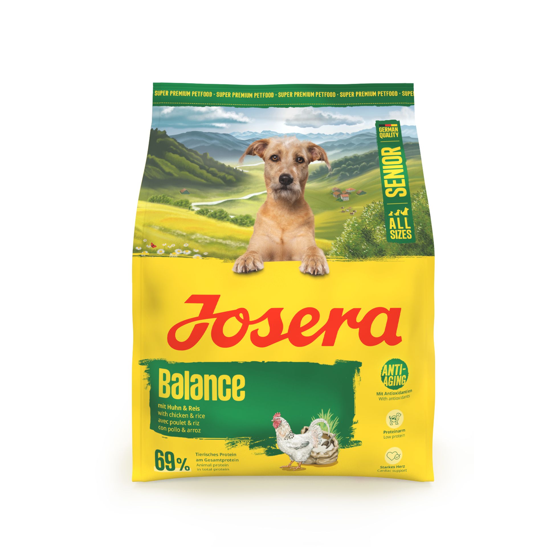 Josera Balance Senior Hundefutter-Sack mit Hundewelpe und Hühnern, für alle Größen.
