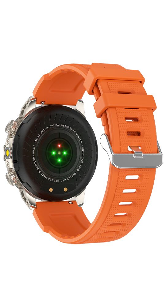 Rückseite einer Smartwatch mit orangefarbenem Armband. Sensor für Herzfrequenzmessung. Schwarzes Gehäuse.