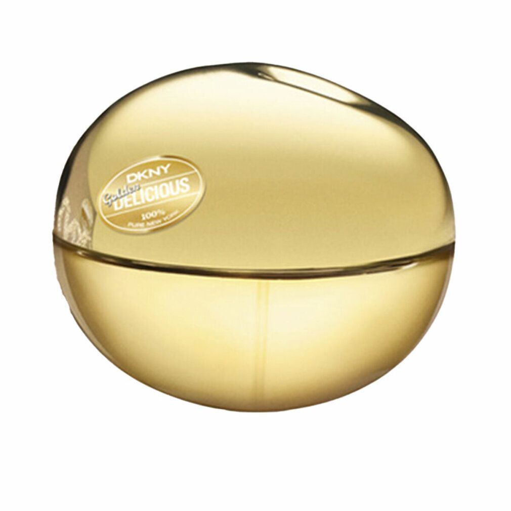 Goldfarbener, runder Flakon. Aufkleber mit DKNY Golden Delicious.
