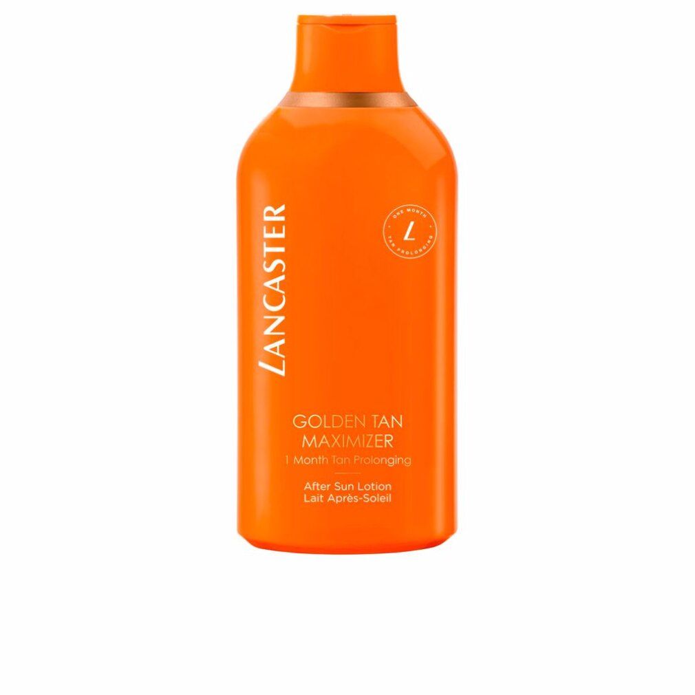 Orangefarbene Flasche mit "Lancaster Golden Tan Maximizer"-Aufdruck. Nach Sonnenlotion.