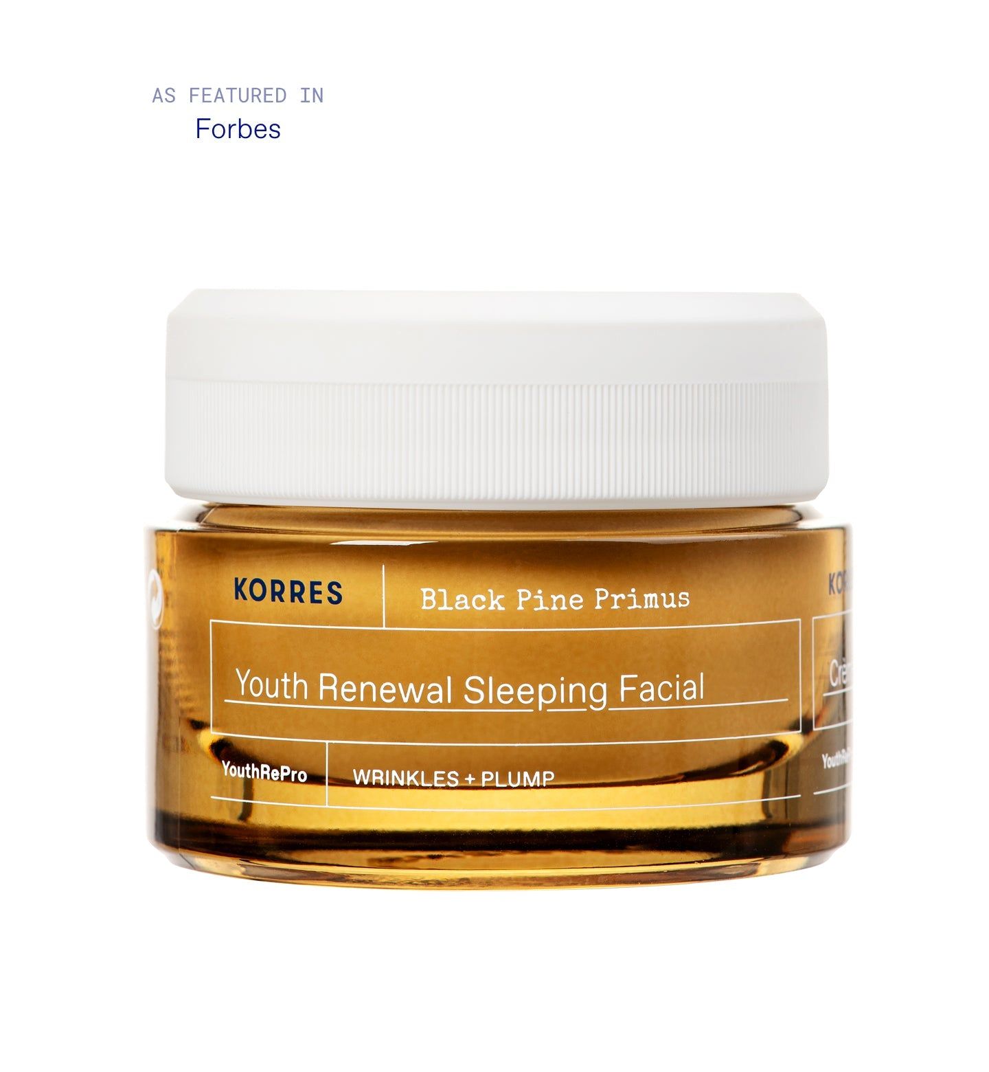 KORRES Black Pine Primus Tiegel. Braunes Glas mit weißem Deckel. Enthält "Youth Renewal Sleeping Facial".
